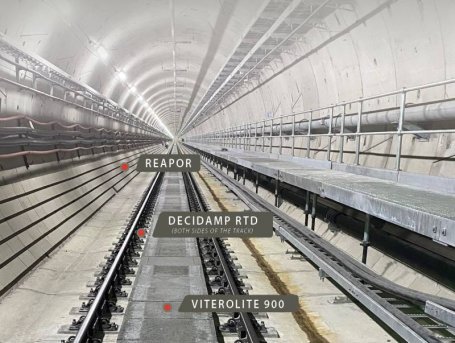 Complete solutions package of Decidamp RTD (rail track damper) to reduce rail vibrations together with Reapor and Viterolite acoustic panels to absorb airborne noise installed in Sydney Metro tunnel.
