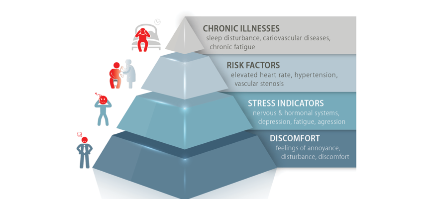 A pyramid showing the health risks that exposure to noise brings to people