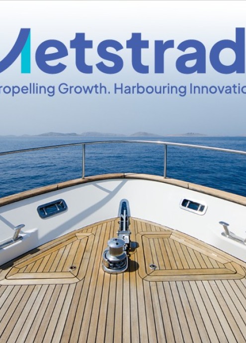 Vessel on ocean with invitation to Metstrade 2025 expo