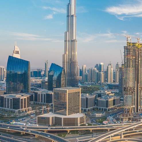 Dubai skyline with Burj Khalifa and Pyrotek Soundlag acoustic lagging