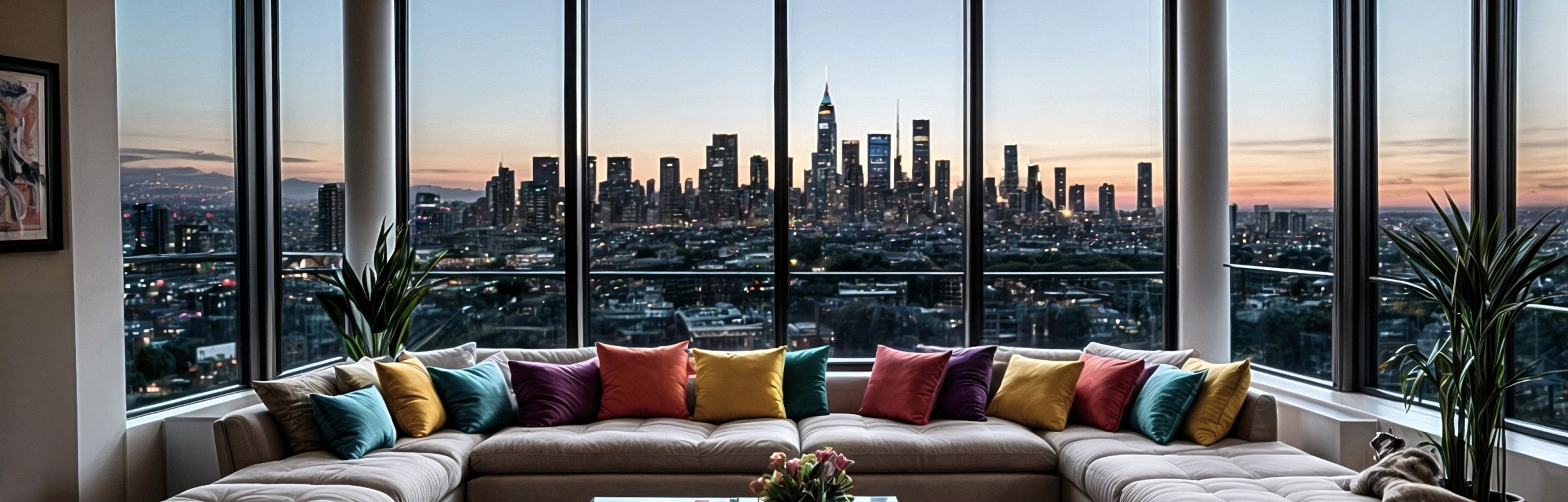 View of skyline through windoes from living room in high-rise building